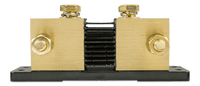 Close-up side view of the 2000A SmartShunt cooling fins between two large brass terminal blocks