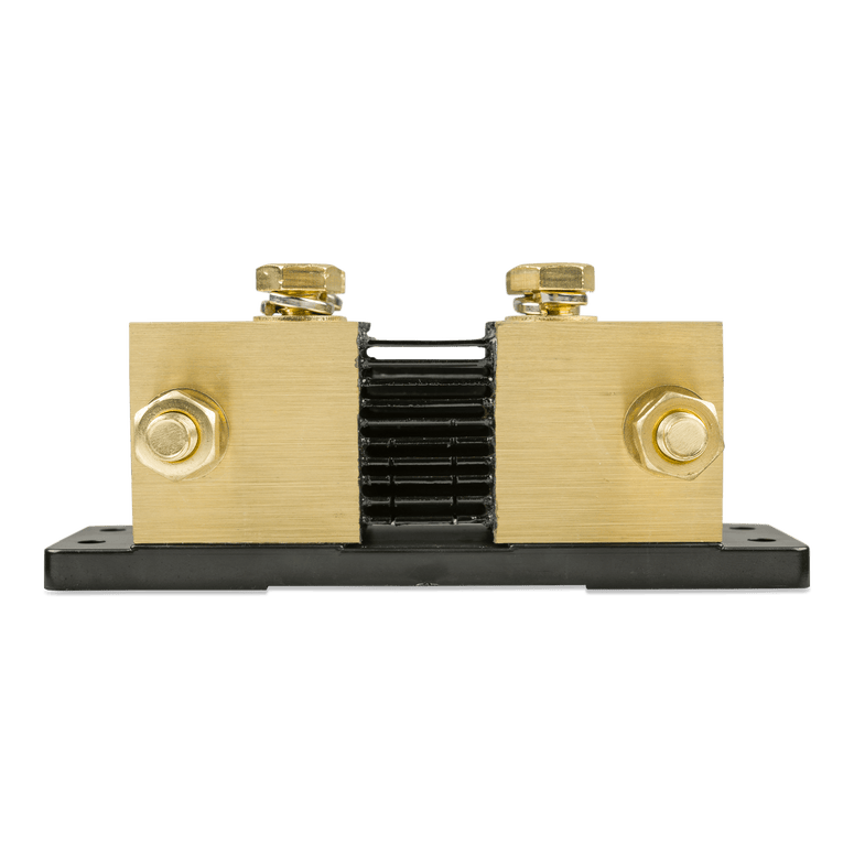 Close-up side view of the 2000A SmartShunt cooling fins between two large brass terminal blocks