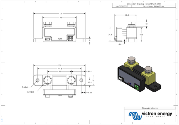 Dimensional drawing of SmartShunt 500A with measurements in millimetres