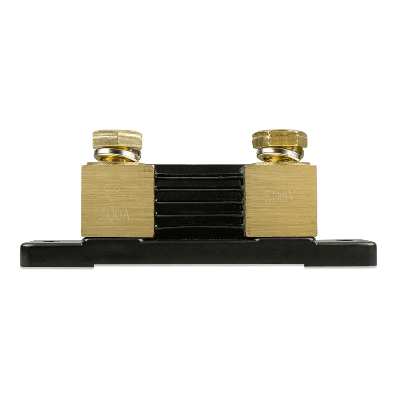 Close-up of brass terminal blocks with 500A and 50mV etched markings