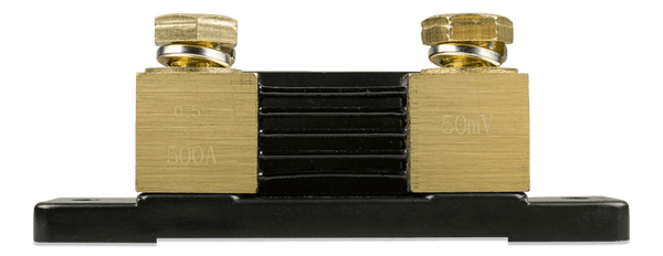 Close-up of brass terminal blocks with 500A and 50mV etched markings