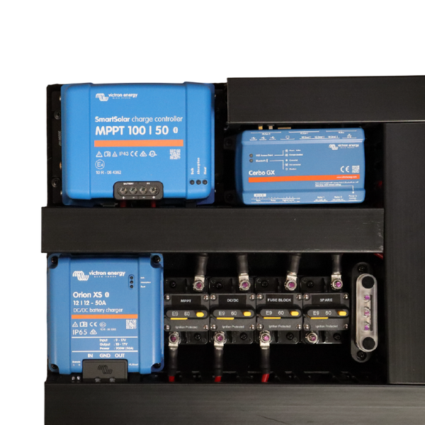 Close-up detail of Victron SmartSolar MPPT, Cerbo GX and Orion XS mounted on black board