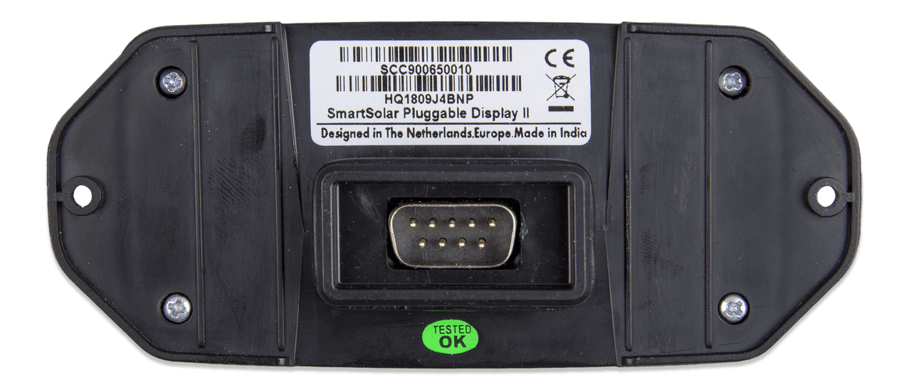 Rear view of pluggable solar display showing the 9-pin connection port and labels