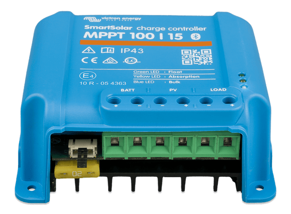 Low angle front view of the SmartSolar controller showing internal components and wiring ports