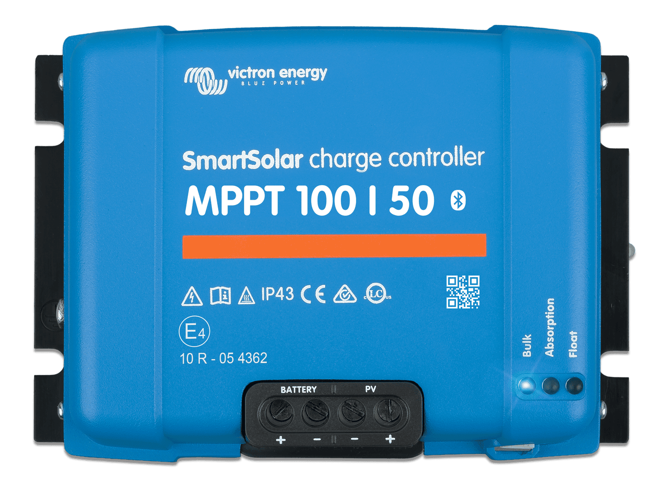 Front view of Victron SmartSolar MPPT 100/50 showing terminals and status LEDs