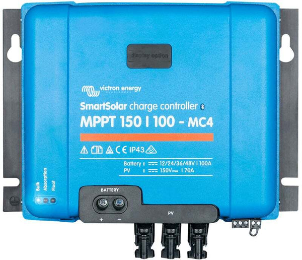 Victron SmartSolar MPPT 150/100-MC4 charge controller front view with status LEDs and MC4 connectors
