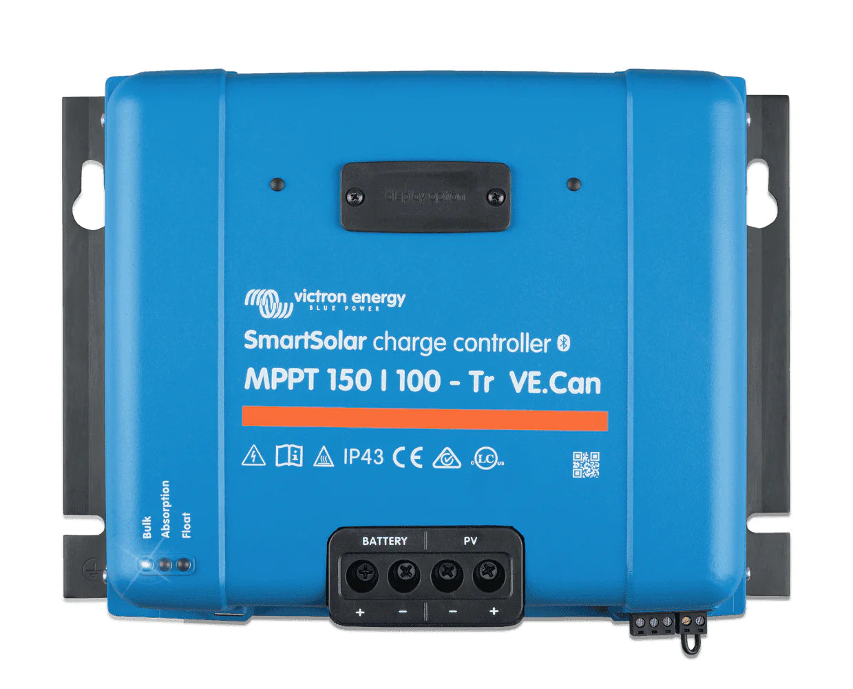Front view of Victron SmartSolar MPPT 150/100-Tr VE.Can charge controller with blue housing and terminal covers