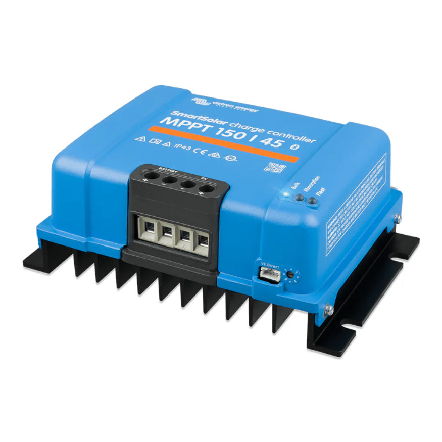 Isometric view of Victron SmartSolar MPPT 150/45 showing terminals and large heatsink base