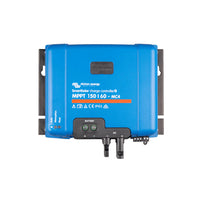 Front view of blue Victron SmartSolar MPPT 150/60-MC4 charge controller with terminal labels
