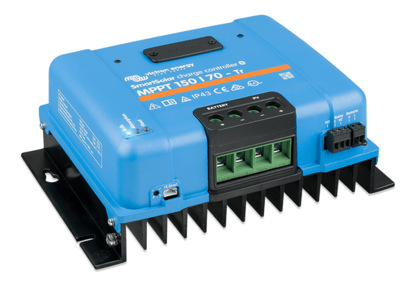 Right-angled view of the blue Victron SmartSolar MPPT 150/70 solar controller