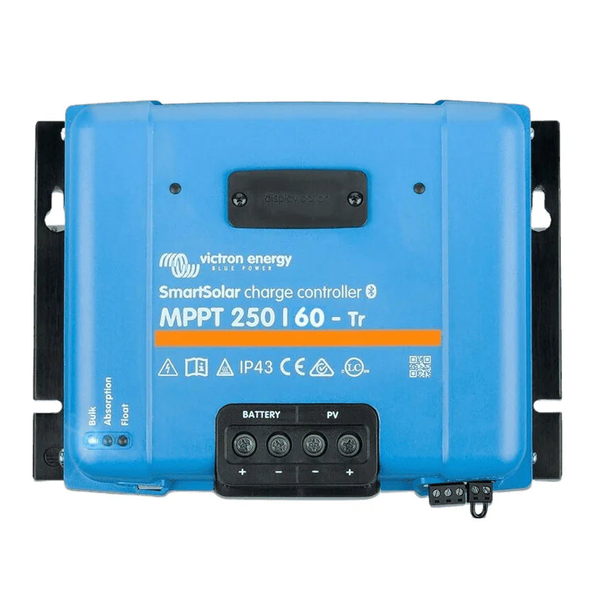Victron SmartSolar MPPT 250/60 solar charge controller with status LEDs and terminal covers