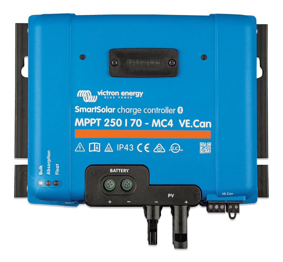 Front view of blue Victron SmartSolar MPPT 250/70-MC4 charge controller with connection ports