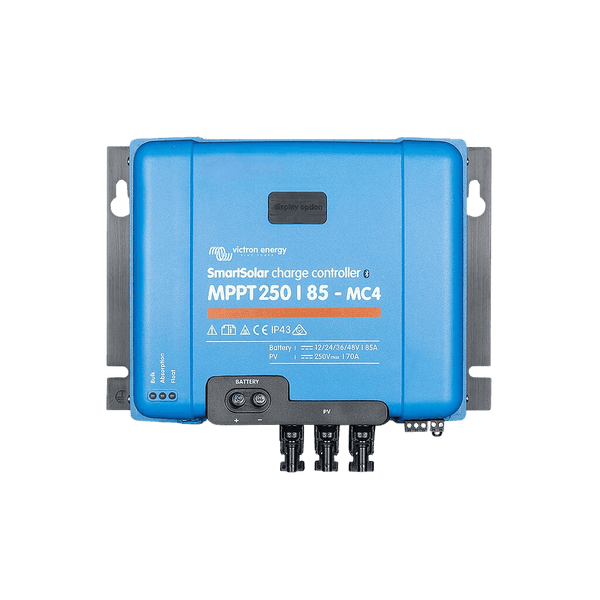 Front view of Victron SmartSolar MPPT 250/85-MC4 VE.Can solar charge controller showing interface and ports