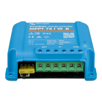 Front-angled view of the 10A solar charge controller terminals and internal fuse component