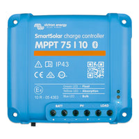 Front view of blue Victron SmartSolar MPPT 75/10 charge controller with labels and status indicators