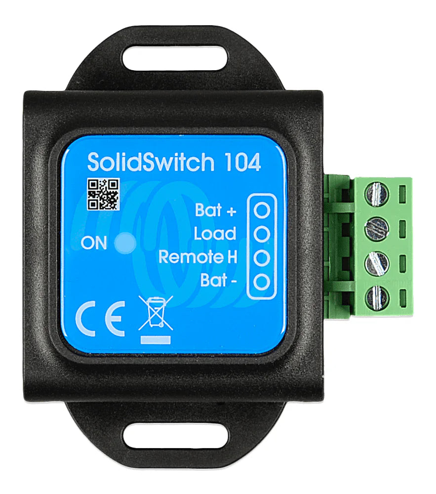 Top view of Victron SolidSwitch 104 showing terminal labels and status LED indicator