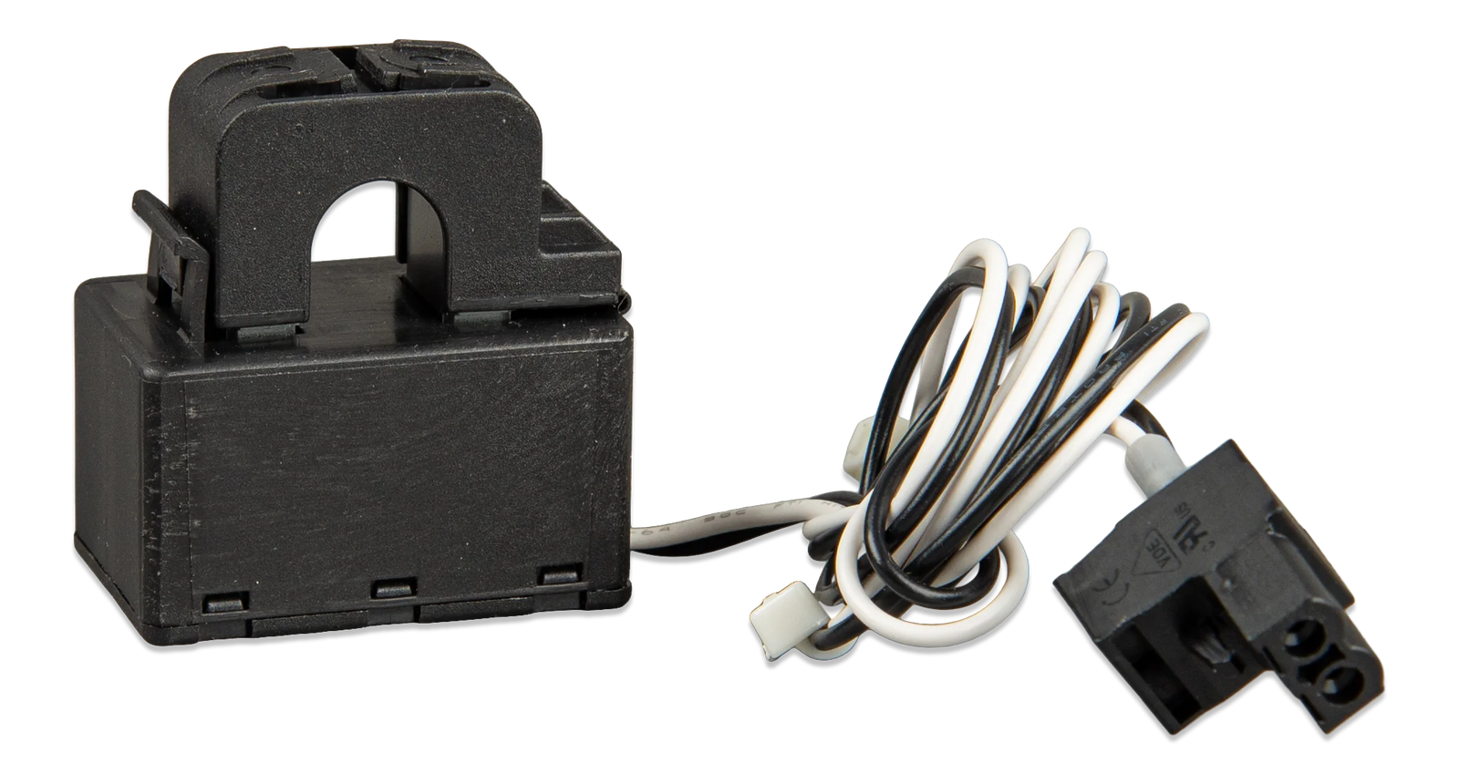 Close-up of black split-core current transformer with wiring harness and plug