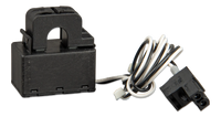 Close-up of black split-core current transformer with wiring harness and plug