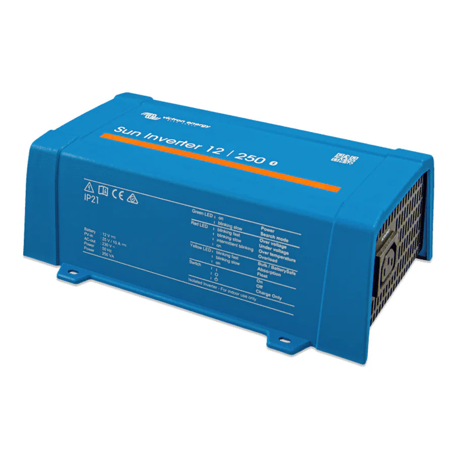 Angle view of blue Victron Sun Inverter 12/250 with IEC output and integrated PWM solar controller