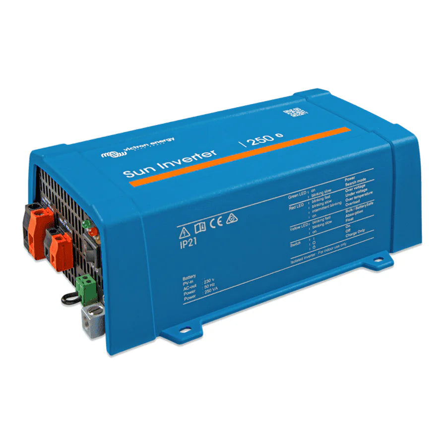 Perspective view of blue Victron Sun Inverter 24V 250VA with solar charge controller