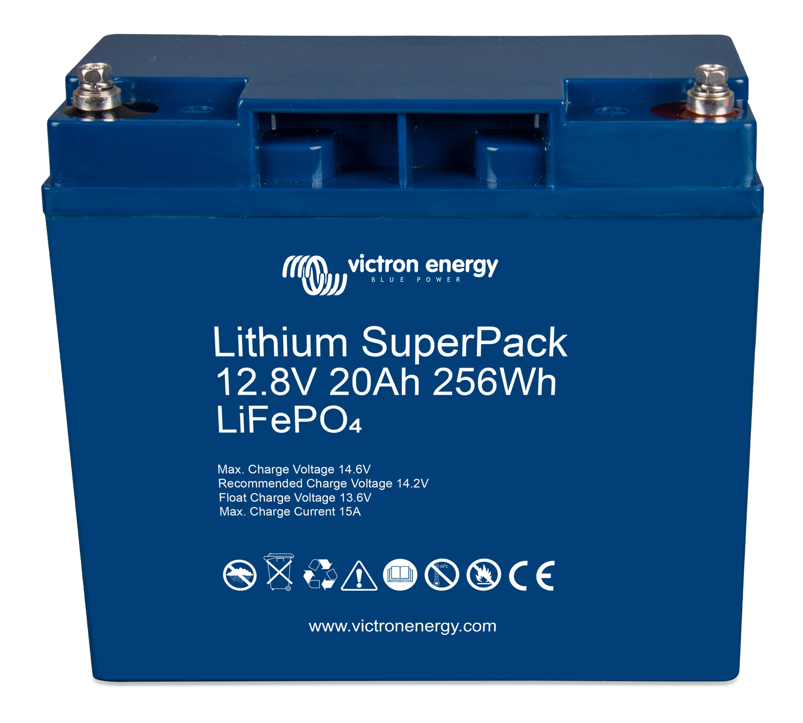 Angled front view of the Victron 12.8V 20Ah battery showing terminals and compact housing