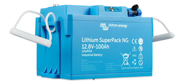 Angled view of the Victron SuperPack NG lithium battery showing its compact blue enclosure