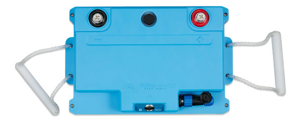 Top-down view of battery showing M8 terminal placement and interface controls