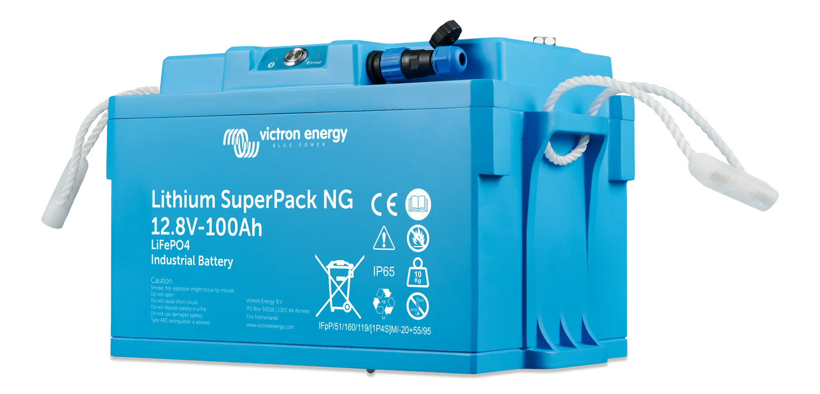 Side perspective of SuperPack NG battery highlighting the External Feedback Signal port