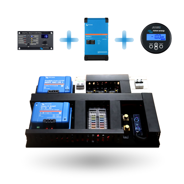 Exotronic board depicted with Victron MultiPlus-II inverter and monitoring accessories