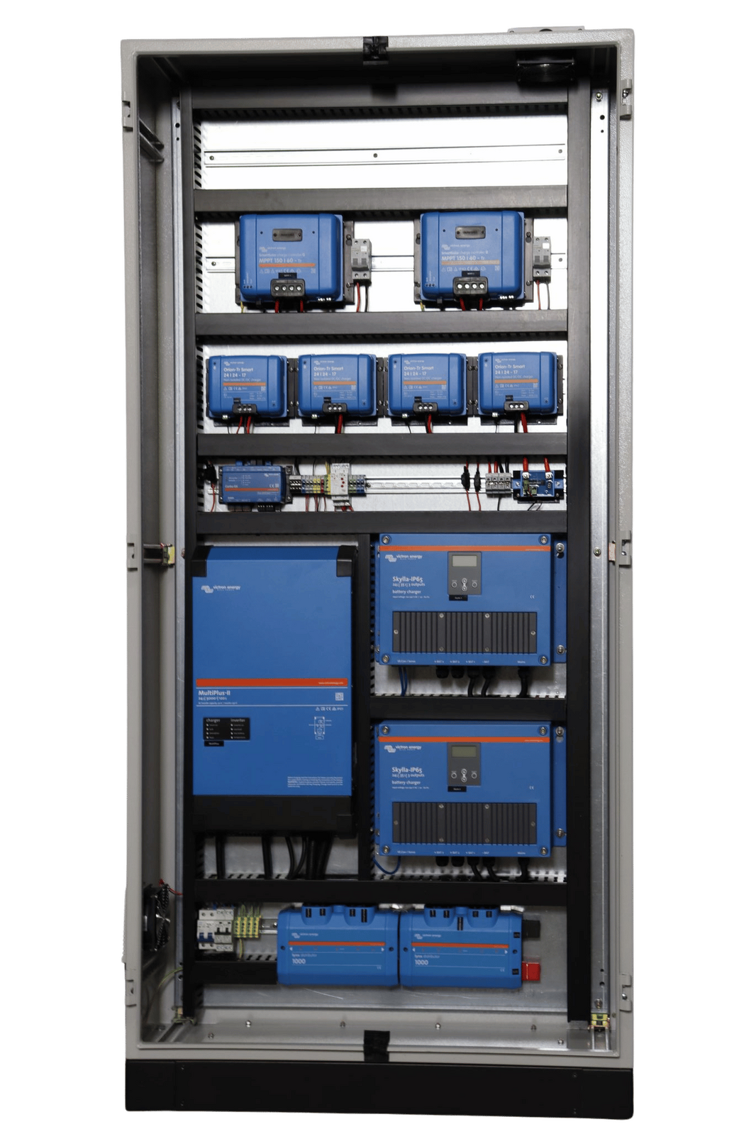 Front view of electrical cabinet internal layout with labelled power components