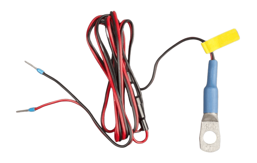 Temperature sensor cable featuring a battery ring terminal and two pin connectors for Victron GX systems