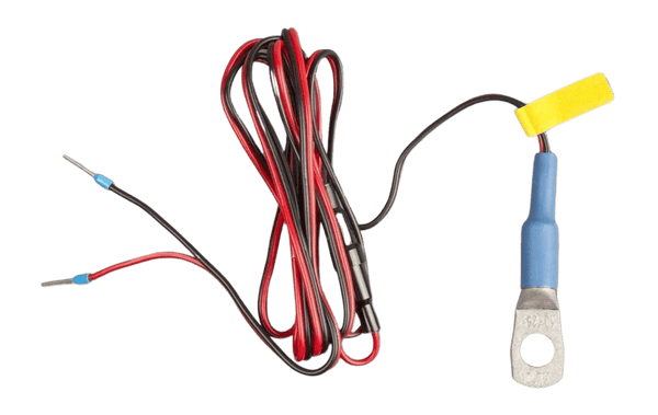 Temperature sensor cable featuring a battery ring terminal and two pin connectors for Victron GX systems