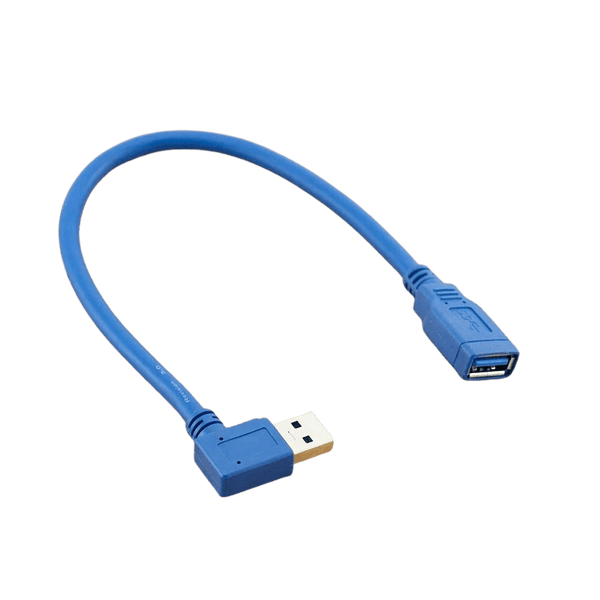 Blue USB 3.0 extension cable featuring a right-angle male plug and standard female socket