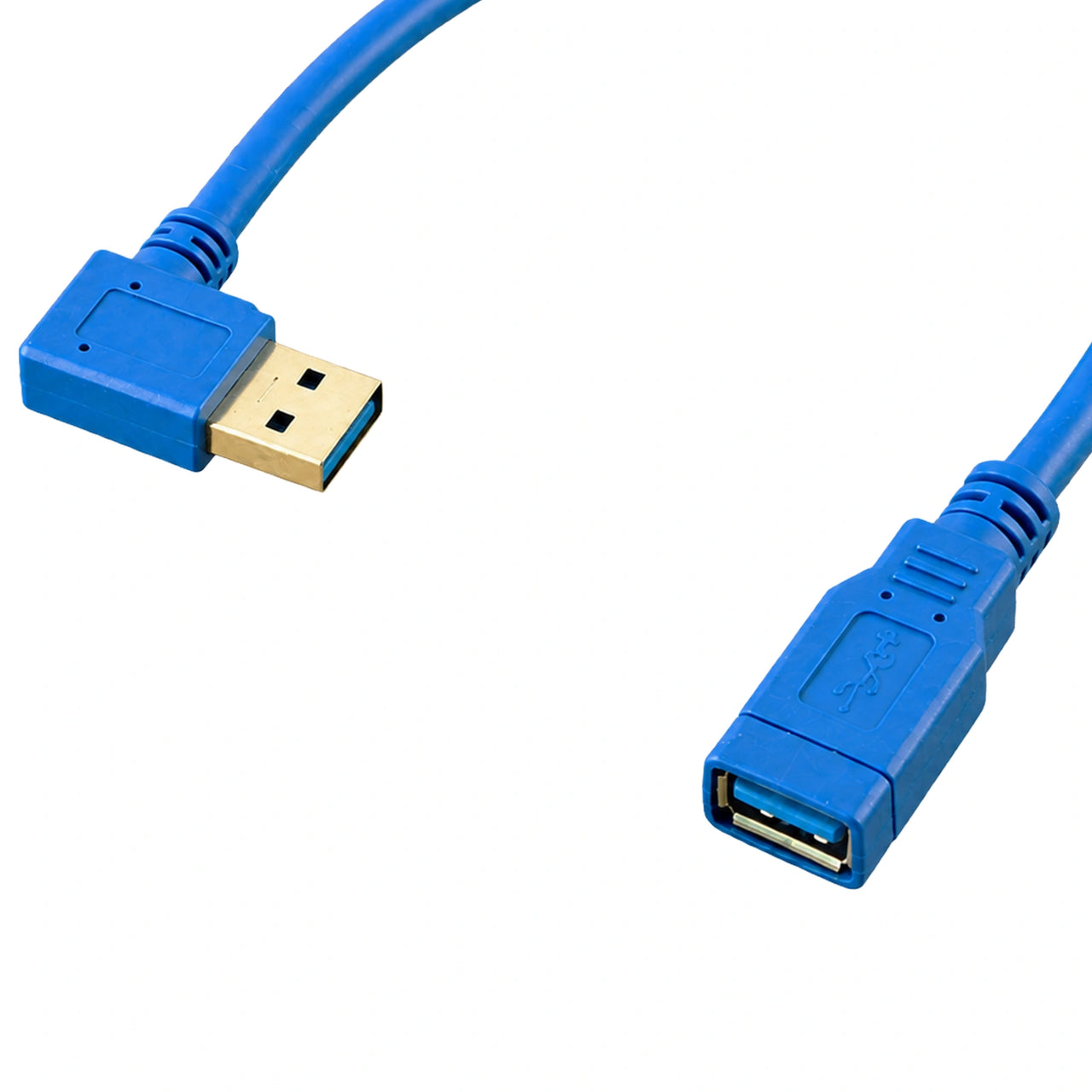 Short blue USB-A extension cable with one right-angled male plug and one female socket