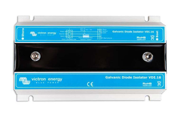Top-down view of Victron VDI-16 galvanic isolator with connection points and technical labels