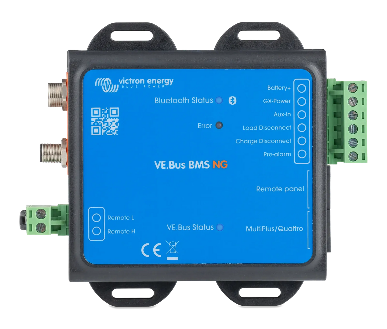 Top view of Victron VE.Bus BMS NG with terminal labels and status LEDs