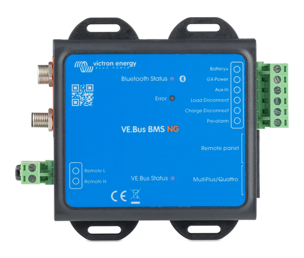 Top view of Victron VE.Bus BMS NG with terminal labels and status LEDs