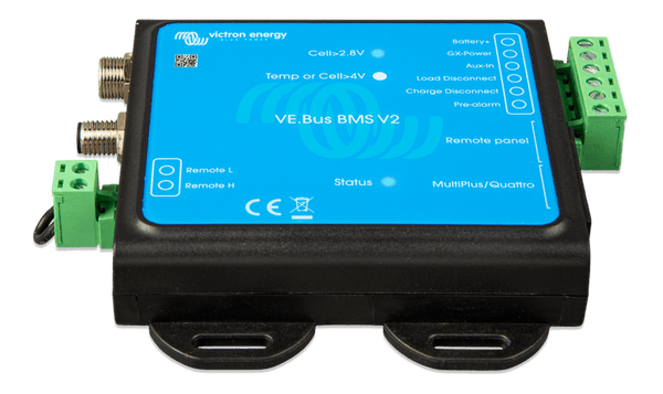 Angled perspective view of the Victron VE.Bus BMS V2 in its matt black ABS enclosure