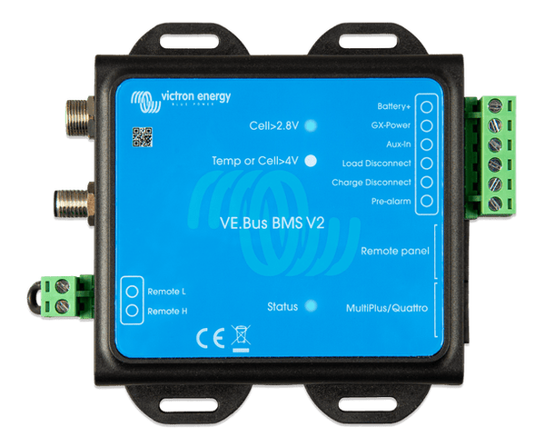 Top-down view of Victron VE.Bus BMS V2 showing blue faceplate and green screw terminal blocks