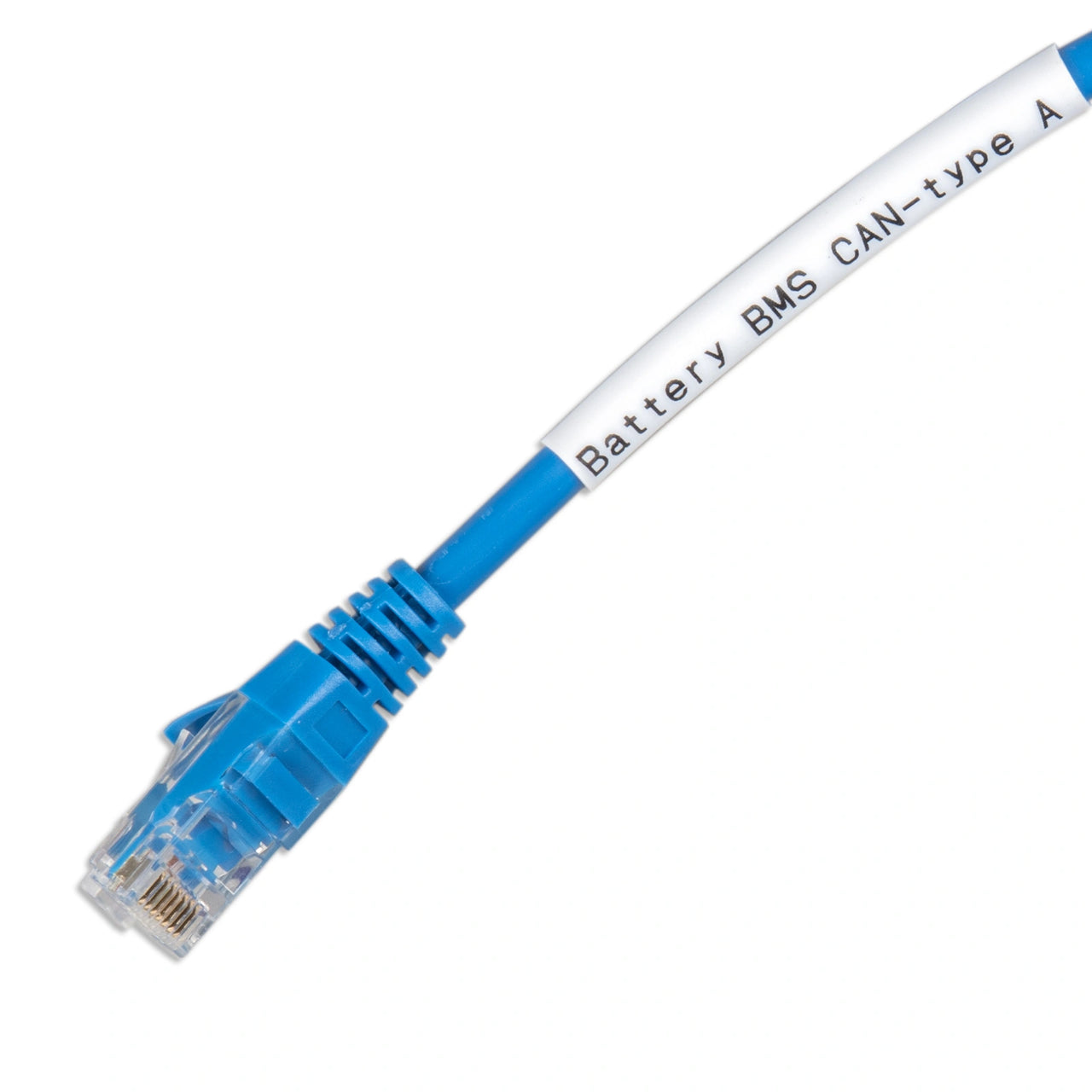 Blue RJ45 cable with white label reading Battery BMS CAN-type A