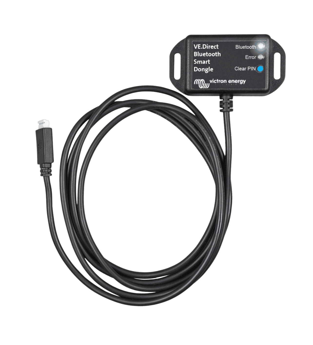 Victron VE Direct Bluetooth Smart Dongle with coiled connection cable and mounting tabs