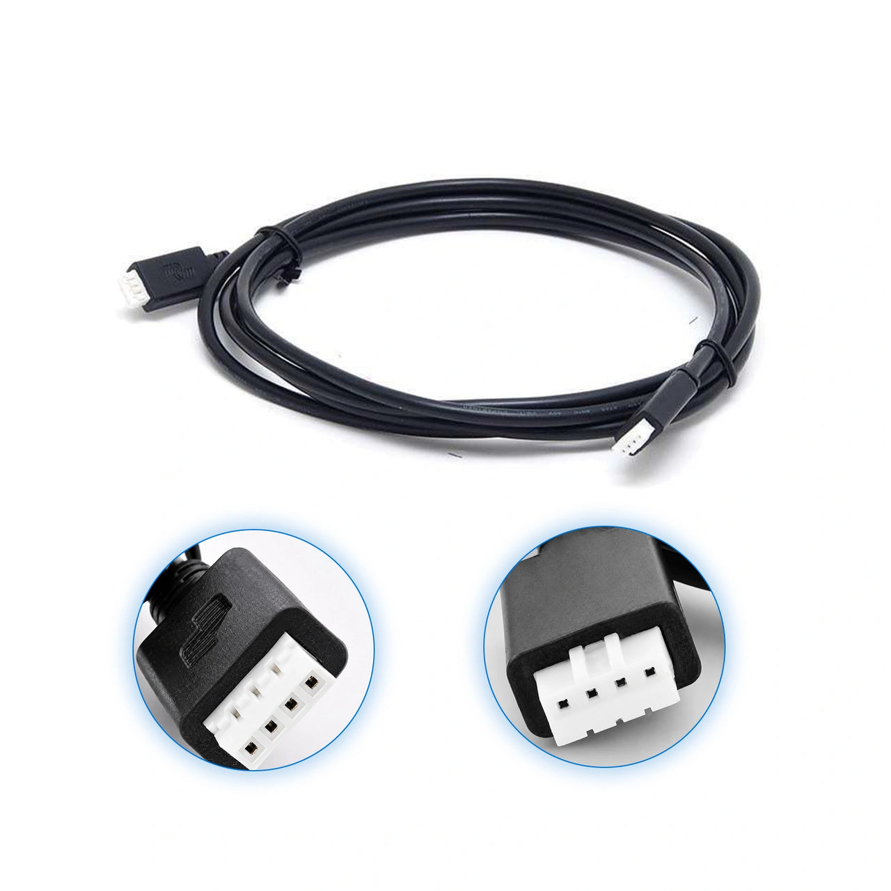 Close up of Coiled 1.8m black VE.Direct cable with 4-pin white connectors