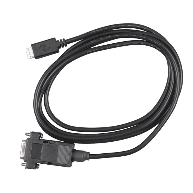 VE.Direct to RS232 interface cable featuring a white 4-pin connector and female DB9 serial plug