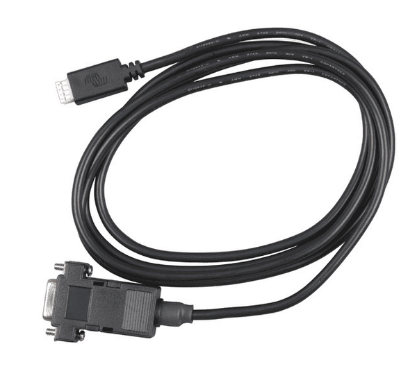 VE.Direct to RS232 interface cable featuring a white 4-pin connector and female DB9 serial plug