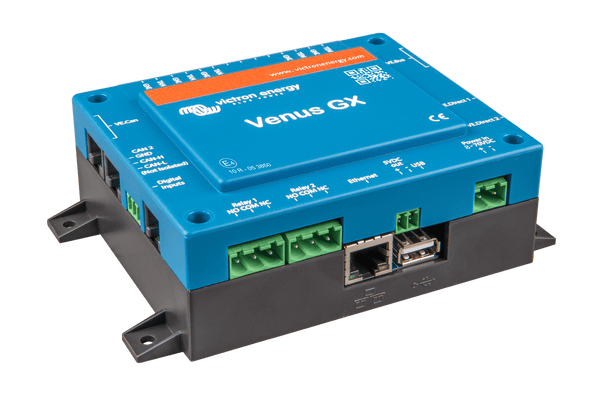 Angled view of blue Victron Venus GX showing side mounting points and bottom ports