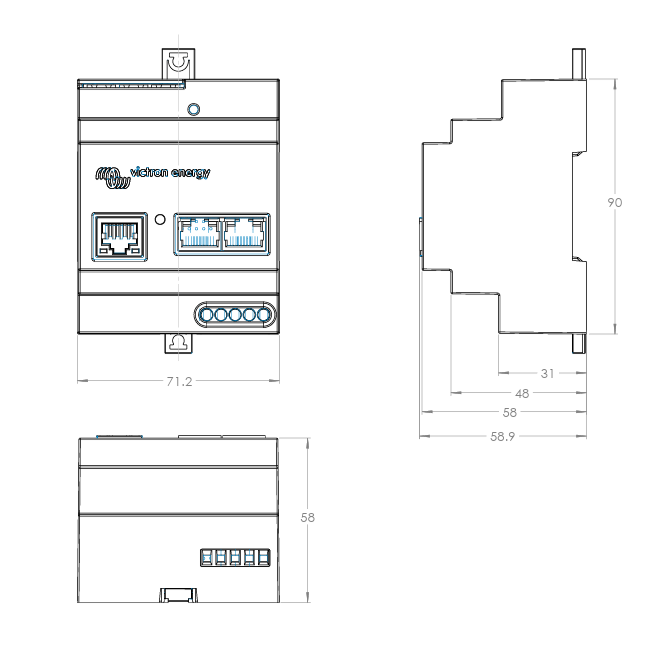 Dimensional drawing of energy meter showing width 71.2mm and height 90mm