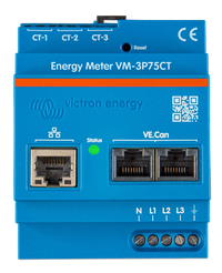 Front view of blue Victron three-phase energy meter showing communication ports and terminals