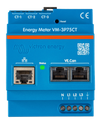 Front view of blue Victron three-phase energy meter showing communication ports and terminals