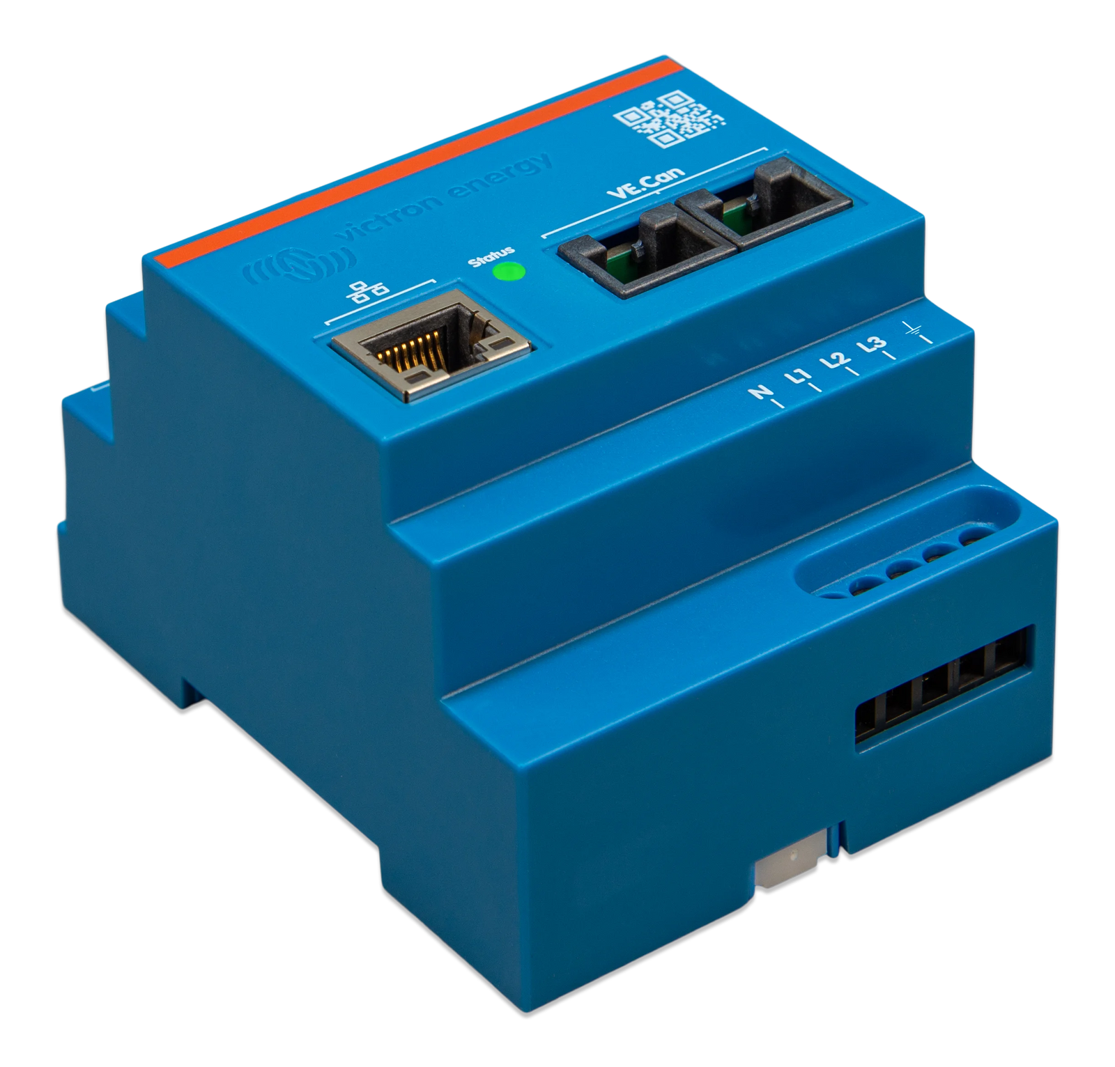 Left side perspective view of three-phase energy meter with terminal markings