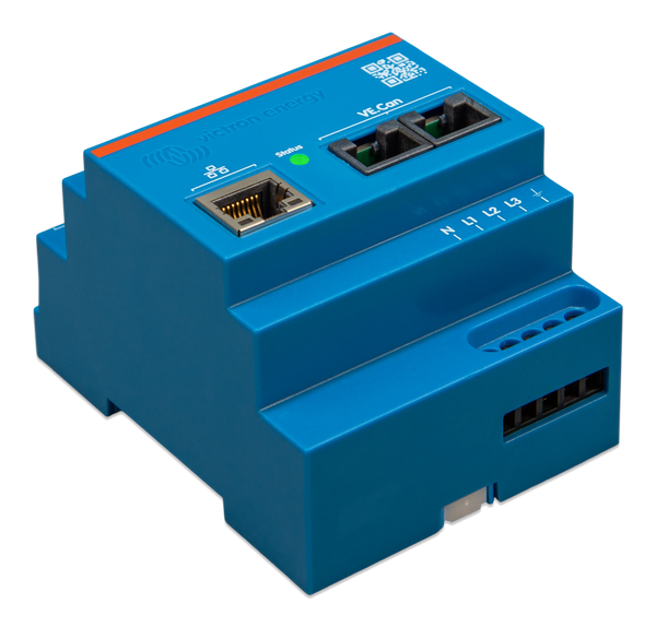 Left side perspective view of three-phase energy meter with terminal markings